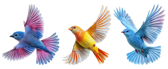 Fototapeta premium Colorful illustrations of birds in mid-flight isolated on transparent background