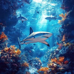 Fototapeta premium Shark Swimming Through Coral Reef in Blue Ocean