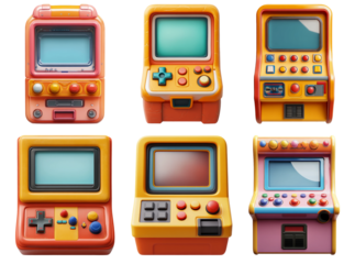 Collection of retro handheld game consoles isolated on transparent background