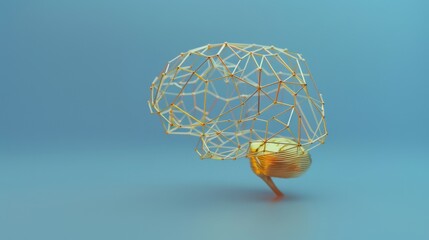 A geometric, abstract representation of a human brain made of interconnected golden wires against a serene blue background.