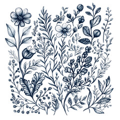 floral and leaf on white background in doodle-style tile designs with graphic format.