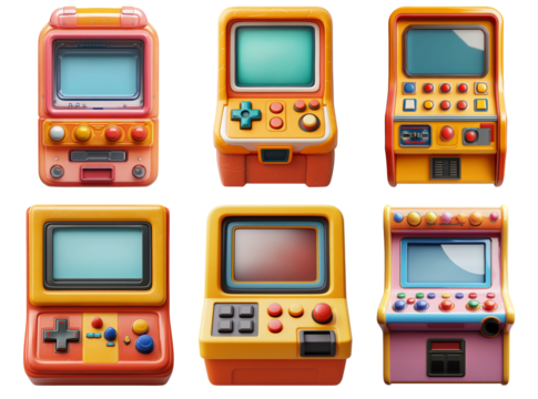 Collection of retro handheld game consoles isolated on transparent background