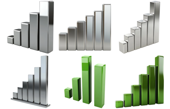 Set of bar charts in various materials and colors isolated on transparent background