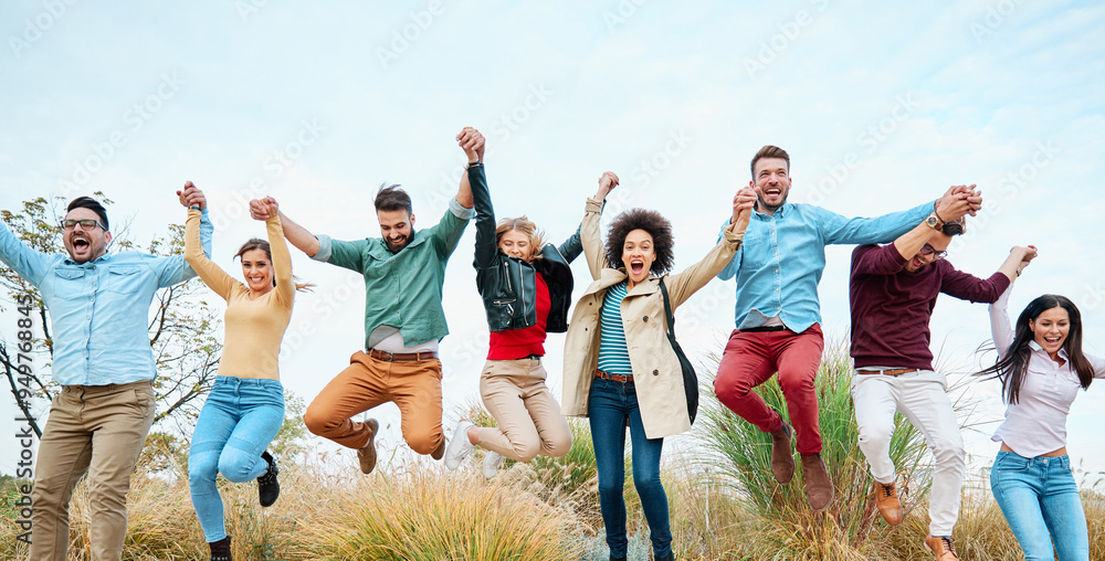 Poster fun friend youth young group woman lifestyle friendship happy student outdoor together cheerful happiness education summer smiling man girl startup start up business