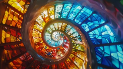 Spiral staircase made of vibrant, multicolored stained glass panels illuminated brightly, creating a mesmerizing, kaleidoscopic effect.