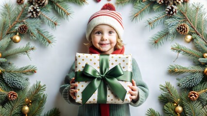 Happy Child in a Christmas Hat Holding a Gift with Copy Space
