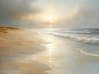 Fototapeta premium A serene beach scene at sunrise, capturing gentle waves and soft light reflecting on the sand, perfect for relaxation and tranquility.