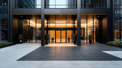 Obraz premium Modern glass entrance of a commercial building with large windows, double doors, and potted plants. The exterior is sleek with dark panels and a well-lit interior.