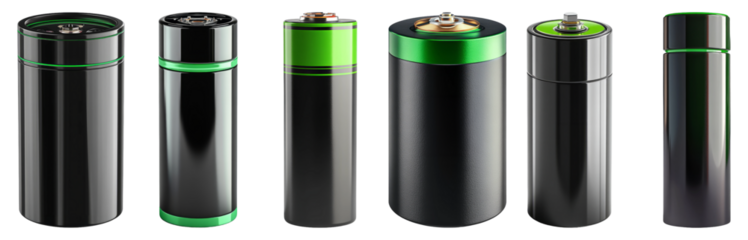 Battery types set in various sizes and designs isolated on transparent background