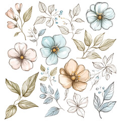 floral and leaf on white background in doodle-style tile designs with graphic format.