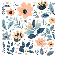 Fototapeta premium floral and leaf on white background in doodle-style tile designs with graphic format.