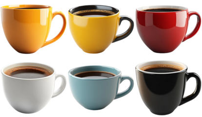 Assorted coffee mugs with different colors isolated on transparent background