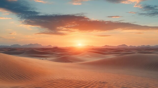 A stunning desert landscape at sunset, showcasing rolling sand dunes under a colorful sky with vibrant clouds and warm light.