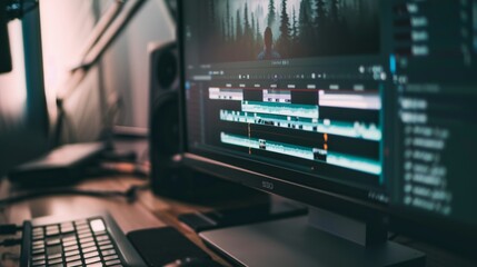 A high-tech workstation featuring a large monitor displaying a video editing timeline, keyboard, and audio equipment in a dimly lit room.
