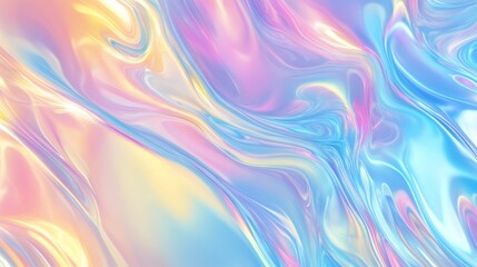 Abstract holographic iridescent background with pastel rainbow colors, fluid waves, and soft light for design or print presentation.