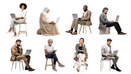 PNG diverse sitting business people design element set, transparent background