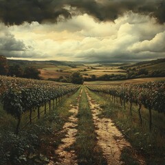 Naklejka premium A scenic vineyard landscape under moody skies, featuring rows of grapevines along a dirt path, capturing the essence of nature.