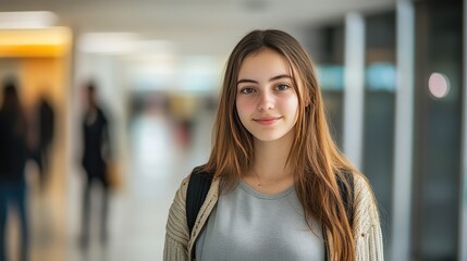 Fototapeta premium Female High School Student Standing in Modern College or University Hallway, 3D Illustration. AI generated illustration.