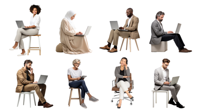 PNG diverse sitting business people design element set, transparent background