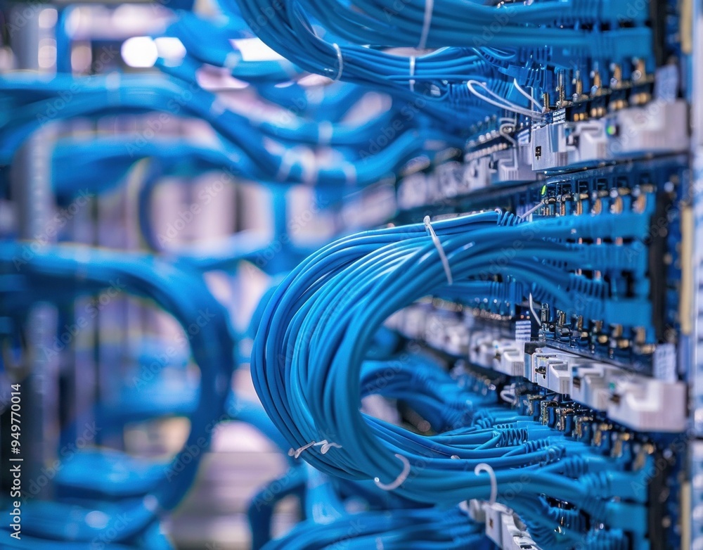 Poster close up of blue network cables connected to a server in a data center, showcasing organized wiring 