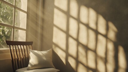 A wooden sofa with soft cushions and pillows sits in a calming, minimalist room adorned with dried flowers and gentle light