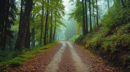 Fototapeta premium A serene forest path surrounded by lush trees and mist, inviting tranquility and exploration in nature's embrace.