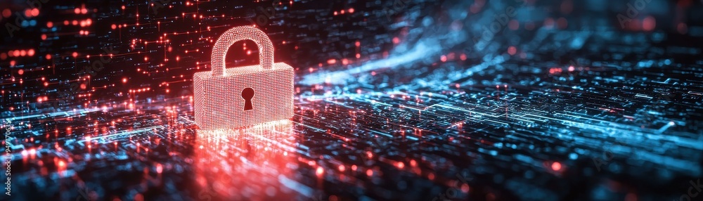 Poster a digital lock symbolizing cybersecurity and data protection in a vibrant, technologically advanced 