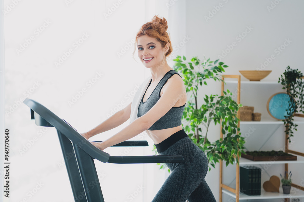 Canvas Prints Photo of cheerful lovely charming woman run treadmill diet loss weight fitness exercises home indoors white light