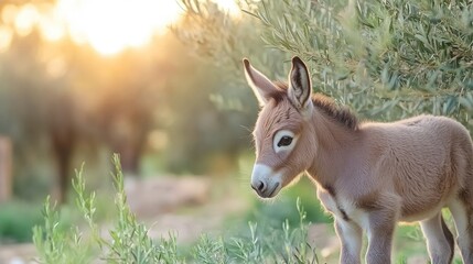 Fototapeta premium A baby donkey displays its playful nature amidst lush greenery in an olive grove, illuminated by warm, golden sunlight, showcasing its charming features