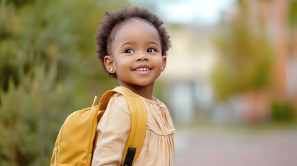Little African American Girl Going to School with a Short Haircut and Backpack, Happy Child, 3D Illustration. AI generated illustration.