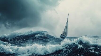 A sailboat struggles against towering dark waves under a stormy sky, capturing a dramatic, intense maritime struggle. © VK Studio