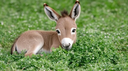 Fototapeta premium A baby donkey displays its playful nature amidst lush greenery in an olive grove, illuminated by warm, golden sunlight, showcasing its charming features