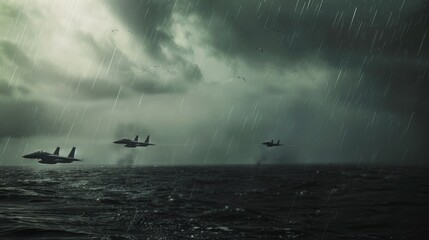 Obraz premium Fighter jets soar over a turbulent ocean under stormy skies, creating a dramatic and intense atmosphere.