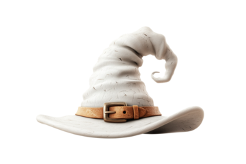 A rustic white witch hat with a charmingly weathered texture, adorned with a tan leather belt and an antique brass buckle. Perfect for Halloween, fantasy-themed events, or as a whimsical decoration.