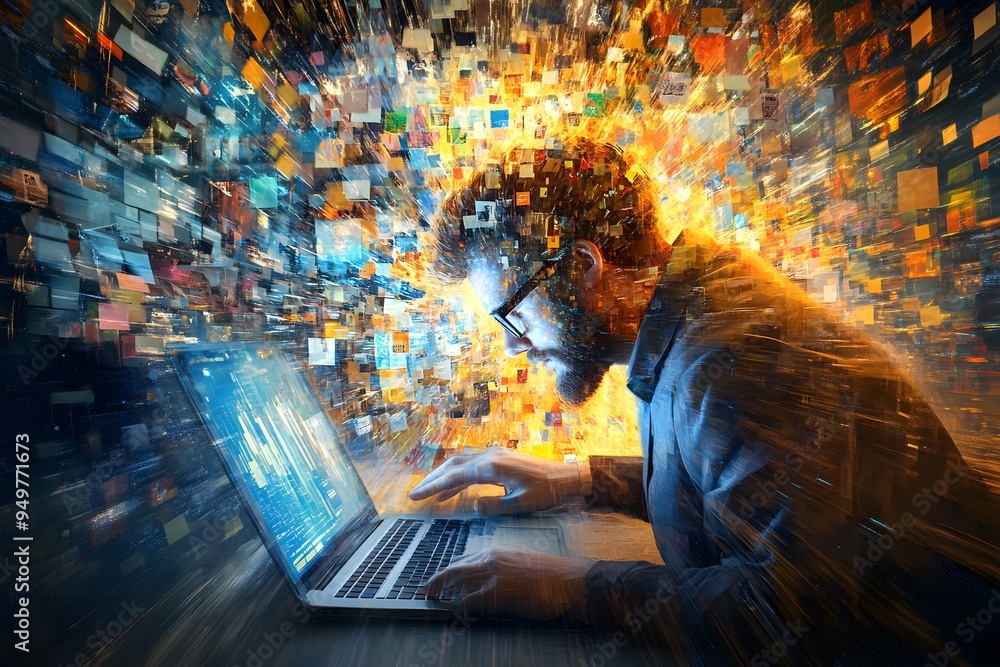 Poster man working on laptop with abstract background.