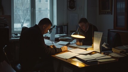 Two office workers focused on paperwork amidst piles of documents, illuminated by warm desk lamps as the city lights glow through large windows.