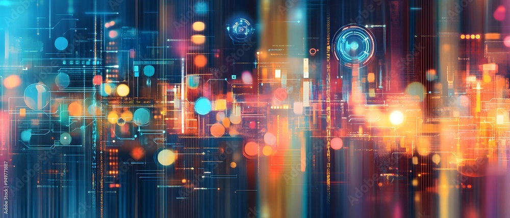 Aufkleber abstract technology background with blurry lights and digital interface.