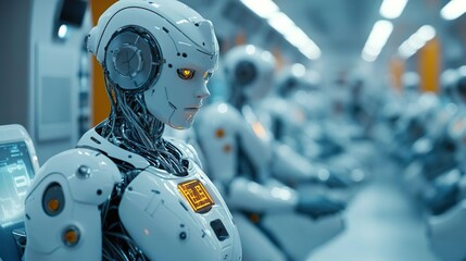 Fototapeta premium Advanced robot with bright eyes and glowing helmet for futuristic designs