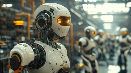 Fototapeta premium High-tech robot featuring illuminated helmet and radiant eyes for futuristic imagery