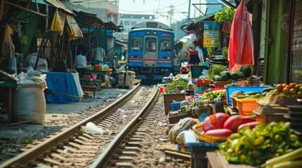 A bustling market scene set on train tracks, with colorful produce and vendors creating a lively atmosphere as a train approaches in the background.