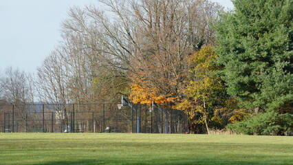 The beautiful little town landscape with the colorful autumn leaves and old buildings in USA
