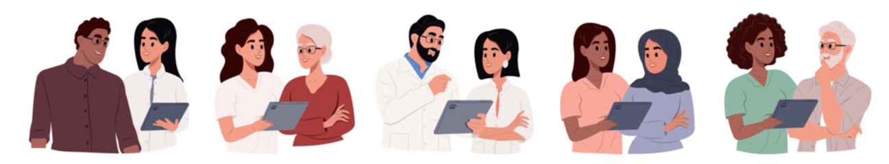 Set of diverse doctors characters. Doctors and patients of different races and ages. Doctors talk to patients using tablet in consultation. Vector illustration in a simple style