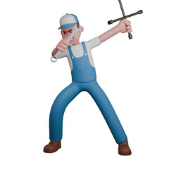Technical Mechanic Professional in 3D. A mechanic is standing with his left leg straight while his right leg is slightly bent and his left hand is holding a 4-pole crank while his right hand is hold