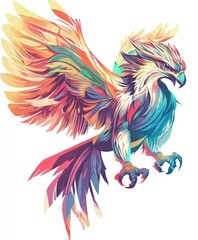 Obraz premium A vibrant, stylized illustration of a mythical bird with colorful feathers in flight.