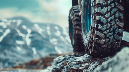 Close-up of rugged, muddy off-road tires gripping rocky terrain against a background of snow-capped mountains, embodying adventure and endurance.