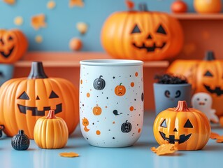 Spooky Halloween Travel Mug Mockup with White Background Surrounded by Festive Elements