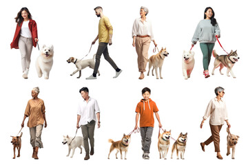 PNG people walking dogs design element set, transparent background