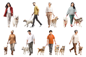PNG people walking dogs design element set, transparent background