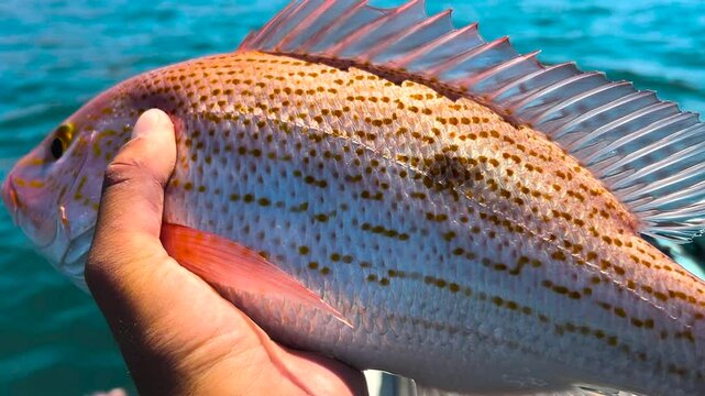A fisherman holding a mutton snapper