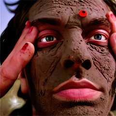 Fototapeta premium Close-up of man's face with glowing red eyes creating a dramatic and intense expression, Glowing red eyes of a man staring at you in the dark